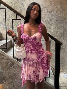 SHEIN BAE 女款時尚優雅花卉印花百褶洋裝 - 玫瑰紅 - 查看 4