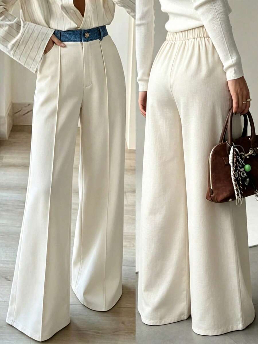 Elenzga Women's Colorblock Pocket Wide Leg Loose Casual Elegant Business Casual Suit Pants Office Off-White Summer - Multicolor - View 1