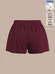SHEIN BASICS 女款戶外休閒基礎款鬆緊腰短褲 夏季女裝 日常居家工作居家休閒 紅酒色 - 酒紅色 - 查看 2