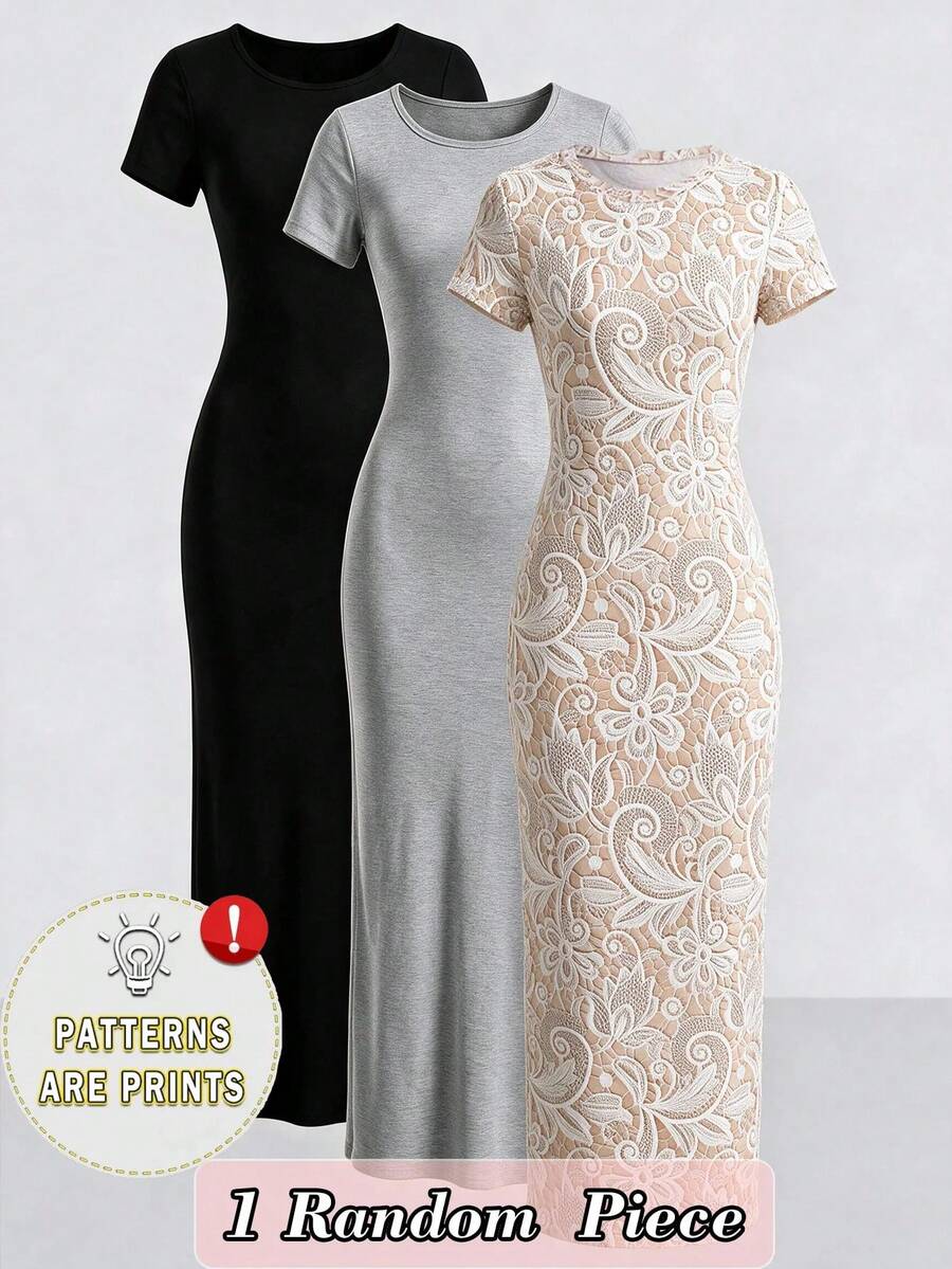 Vestido de niña con estampado de encaje falso suave, color base nude que resalta el delicado encaje blanco. Cuello redondo, manga corta, simple y elegante, silueta de ajuste ceñido de largo medio que define líneas suaves, adecuado para uso diario y eventos sociales ligeros, emanando una elegancia suave y femenina. Regreso a la escuela - Multicolor - Ver 1