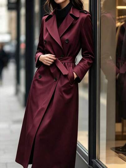SHEIN French Vintage Woven Burgundy PLOL Collar Long Sleeve Belted Long Trench Coat For Women, Women's Casual Trench Coat, Elegant Women's Trench Coat, Autumn Women's Trench Coat, Autumn Outfit, Country Style Trench Coat, Women's Country Style Clothing, Country Style, Women's Holiday Outfit, Women's Casual Trench Coat, New Autumn Women's Trench Coat Jacket