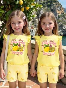 Girls' Fashion Fresh Lemon Flower Pink Bow Letter Pattern Printed Basic Flying Sleeve Short T Plus Cycling Pants Set - Multicolor - View 3