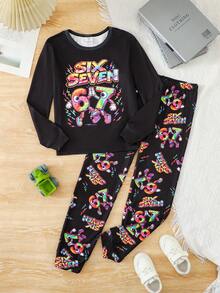 SHEIN 青少年男孩貼身版型霓虹 67 圖案圓領長袖上衣與長褲休閒舒適居家睡衣 2 件套 - 彩色 - 查看 5