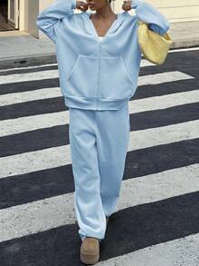 SHEIN 兒童青少年女孩嬰兒藍刺繡休閒運動長袖寬鬆衛衣套裝 2件組，適合秋冬機場度假 - 藍色 - 查看 1