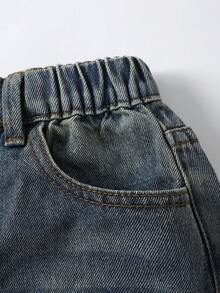 SHEIN 新款女童休閒百搭可愛蝴蝶結設計口袋舒適柔軟寬鬆直筒水洗牛仔長褲，適合日常穿著，2025春夏新款 - 中等水洗藍 - 查看 3