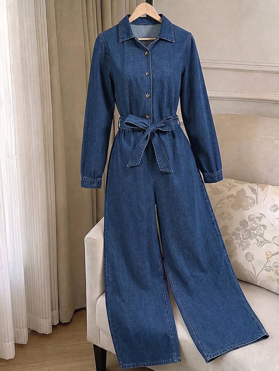 GlowEve Jumpsuit Denim Wanita Kasual Pinggang Tinggi Biru Elastis Nyaman dan Menawan untuk Pemakaian Sehari-hari - Biru - View 1