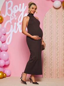 Loomaby Gaun Hamil Polos Serbaguna dengan Belahan Samping dan Leher Halter, Gaun Musim Gugur, Gaun Pengungkapan Jenis Kelamin Bayi, Gaun Hamil, Gaun untuk Acara Baby Shower - Coffee Brown - View 12