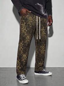 Celana Jeans Pria Model Retro Amerika Motif Leopard Ukuran Besar Potongan Longgar Lurus, Desain High Street - Coklat - View 1