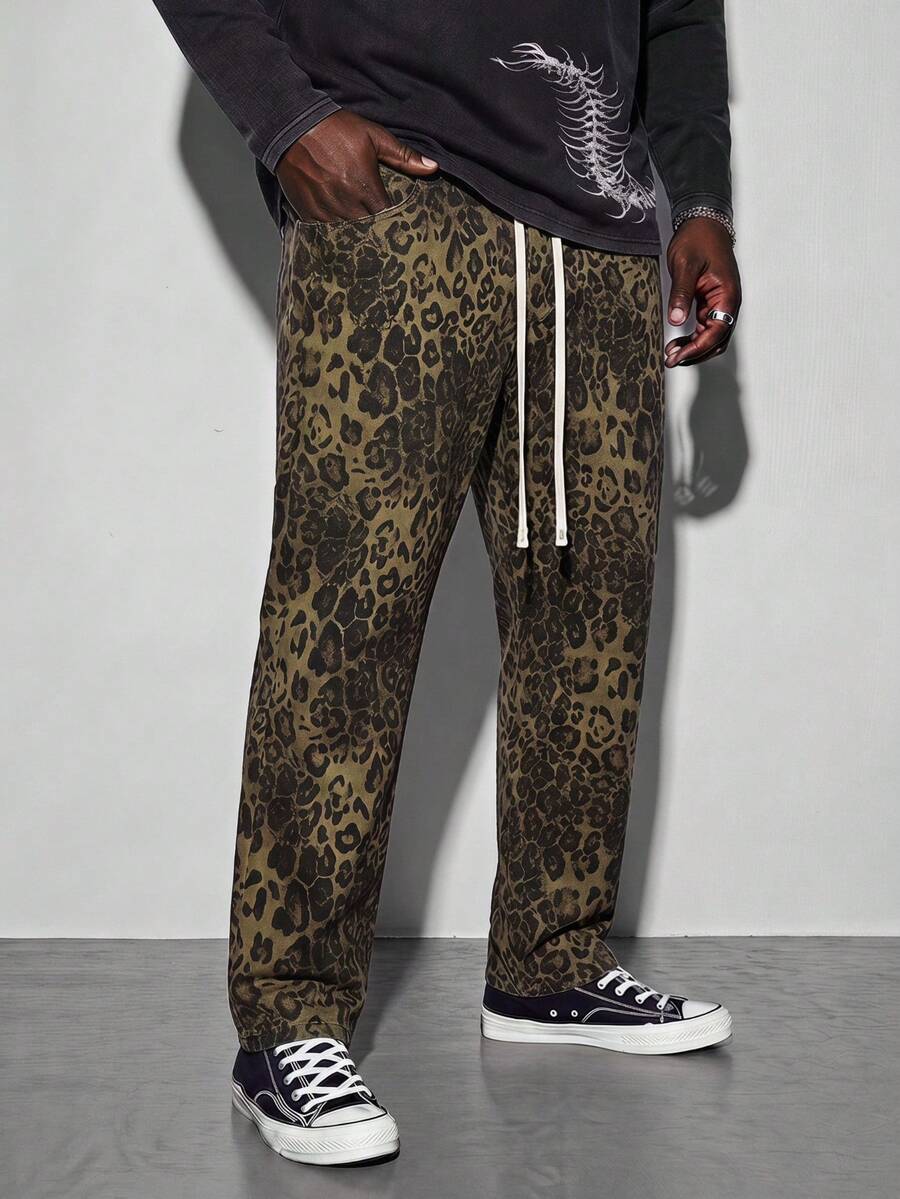 Celana Jeans Pria Model Retro Amerika Motif Leopard Ukuran Besar Potongan Longgar Lurus, Desain High Street - Coklat - View 1