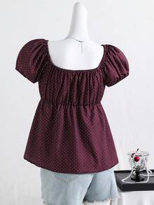 Sparklyn Teen Girl Polka Dot Pattern Short Petal Sleeve Button Design Casual Shirt - Burgundy - View 2