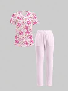 TaskEZ Scrub Set Short Sleeve Top And Long Pants With Pencil And Apple Print Pattern, Suitable For Work Commute And Pet Hospital, Back To School Season - Multicolor - View 3