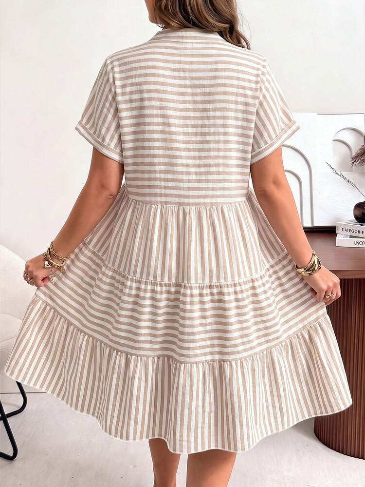Ceyna Gaun Kasual Boho Ukuran Besar Leher V Lengan Polo Bahan Kasa Berkerut Putih untuk Liburan Musim Panas - Coklat - View 2