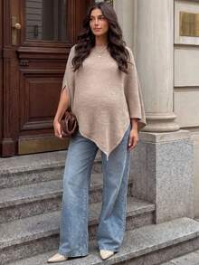 MaterniWear Maternity Solid Color Asymmetrical Hem Cape T-Shirt Fall - Khaki - View 4