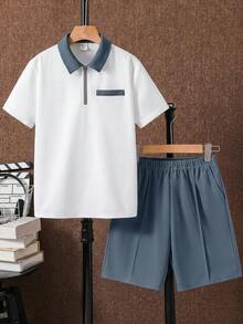 SHEIN 2件組男童休閒寬鬆針織對比領 Polo 衫與短褲套裝，適合兒童穿搭，適用於返校、生日派對、晚間活動、表演、婚禮、洗禮、畢業典禮，適合日常穿著、上學、旅行、運動，中東風格，春夏季 - 彩色 - 查看 2