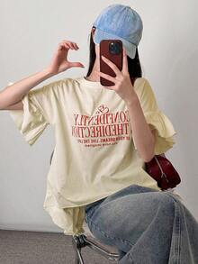 FRIFUL Camiseta holgada con impresión de letras de color contrastante, volante y diseño gráfico en la parte trasera para mujer - Albaricoque - Ver 4