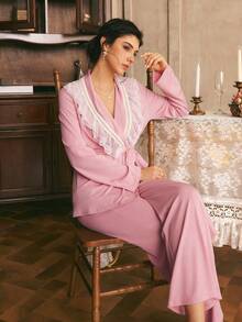 Côtesoire Southern French Court Romantic Casual Lace Patchwork Long Sleeve Pants Pajama Set For Women - Dusty Pink - View 1