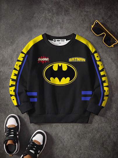 BATMAN X SHEIN Chlapčenská ležérna mikina s farebnými blokmi a potlačou písmen a netopierov s okrúhlym výstrihom