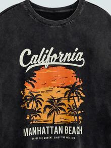 Modcrash Kaos Pria Ukuran Besar Kasual Musim Panas Motif Pohon Palem Matahari Terbenam Kerah Bulat Dicuci - Hitam - View 8