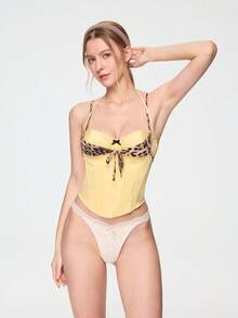 Bonmuse 豹纹拼接紧身胸衣露脐上衣，钢圈鱼骨吊带性感修身派对吊带背心束身衣女款 - 黃色 - 查看 1