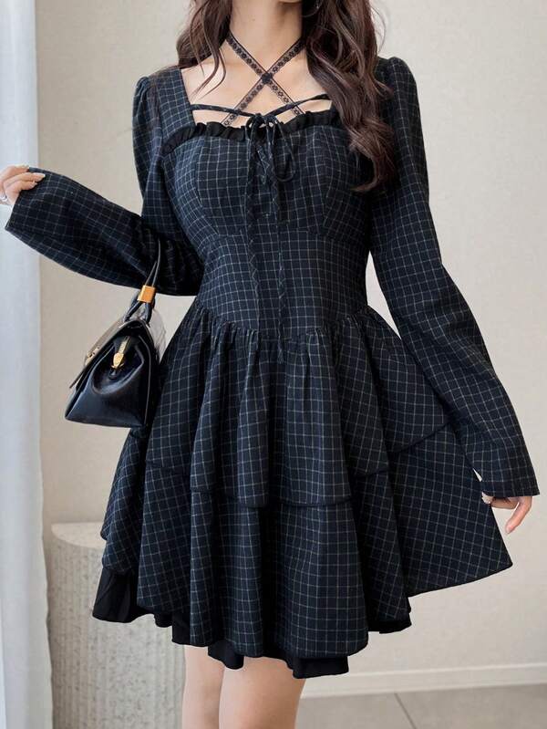 FRIFUL Women's Casual Commute Plaid Short Dress