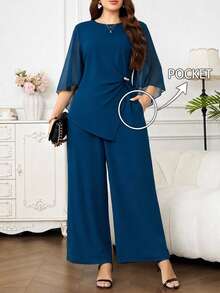 Reflora Conjunto de Top y Pantalones de unicolor Elegante para Viajes Diarios Talla Grande Otoño - Azul - Ver 2