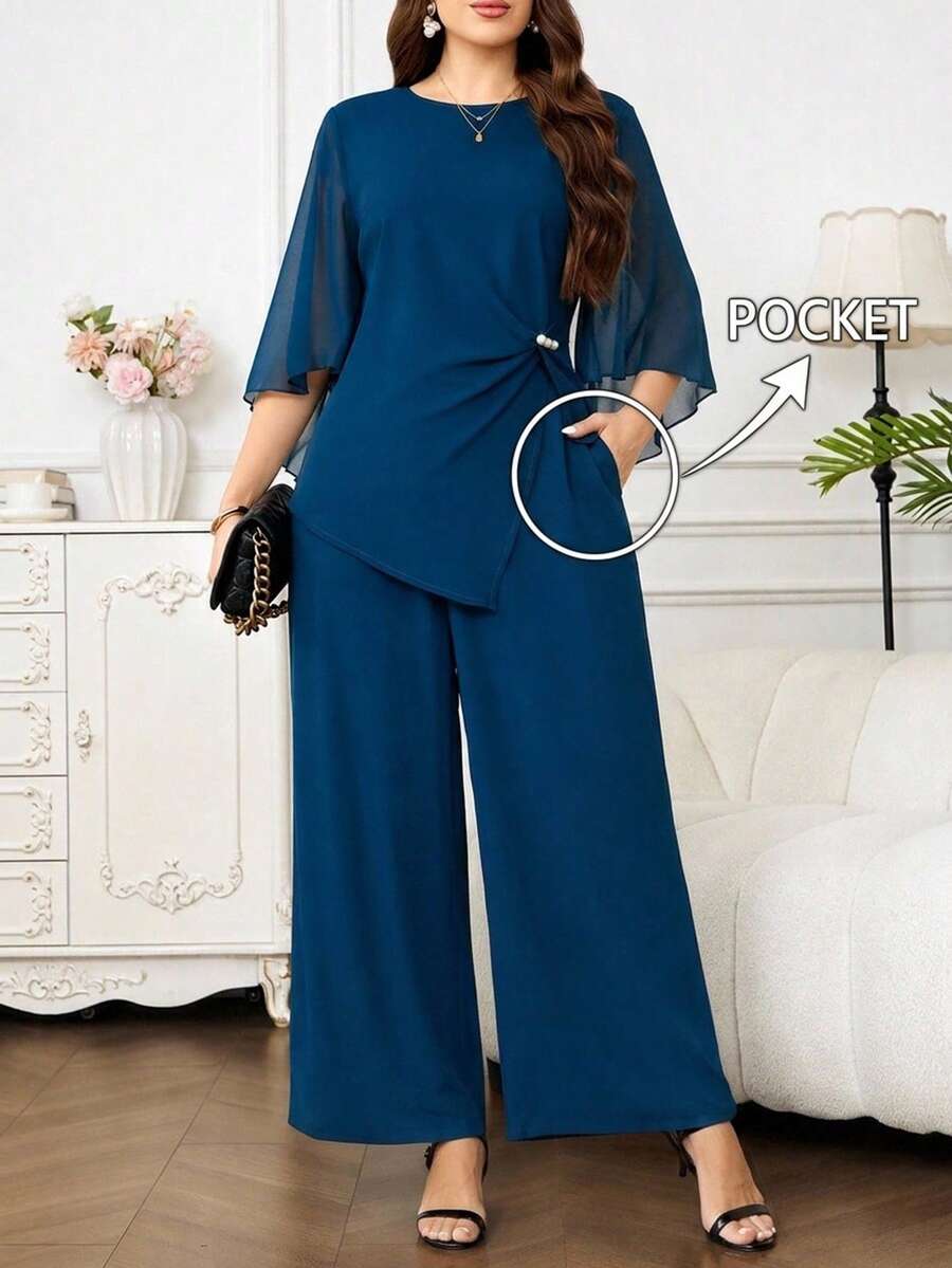 Reflora Conjunto de Top y Pantalones de unicolor Elegante para Viajes Diarios Talla Grande Otoño