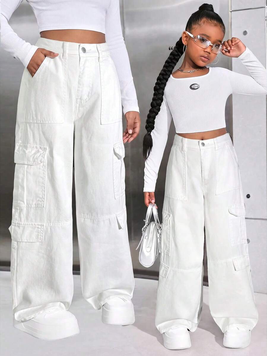 SHEIN Celana Jeans Kargo Lurus Longgar Pinggang Tinggi Saku Lipat Gaya Y2K Musim Semi/Panas untuk Remaja Perempuan, Streetwear untuk Kembali ke Sekolah, Celana Panjang Lebar Gaya Boho untuk Pantai, Konser, Rave, Festival, Wisuda - Putih - View 1