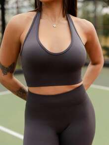Maju Mazalli Women's Solid Color Halter Backless Fitted Short Sports Set Workout Set Summer - Dark Grey - View 5