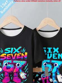 [Random 1 Set ] Tween Boys Pajamas,Black Summer Cute Night Luminous Digital 67 Print,Tight Fit High Stretch Short Sleeve&Shorts 2pcs,Snug Fit - Black - View 5