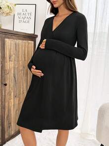 Slowluna Maternity Solid Color Long Sleeve Maternity Dress - Black - View 7