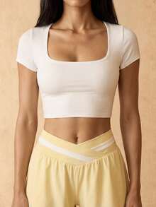 Silquee Workout Women Tops Casual Solid Color Cropped Sports T-Shirt, Summer Bustier Crop Sports Tee - White - View 3