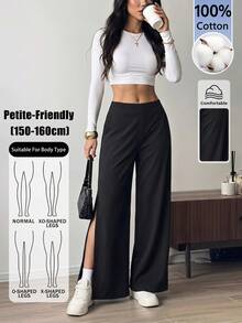 SHEIN PETITE 女款時尚棉混紡通勤長褲，側開衩延伸至大腿 - 黑色 - 查看 4