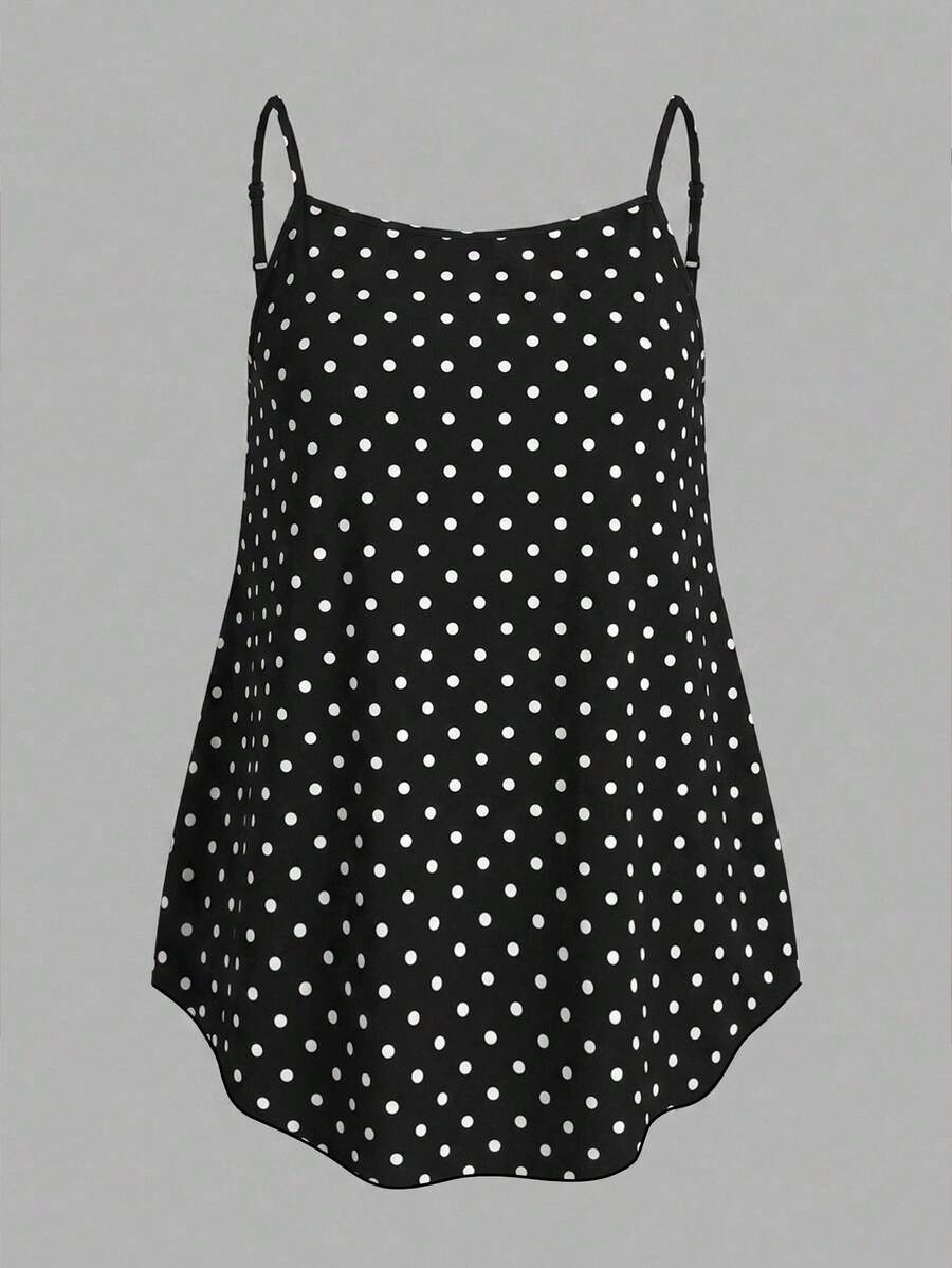 Comfortcana 1pc Plus Size Black Polka Dot Camisole Top, Basic Style, Suitable For Summer - Multicolor - View 1
