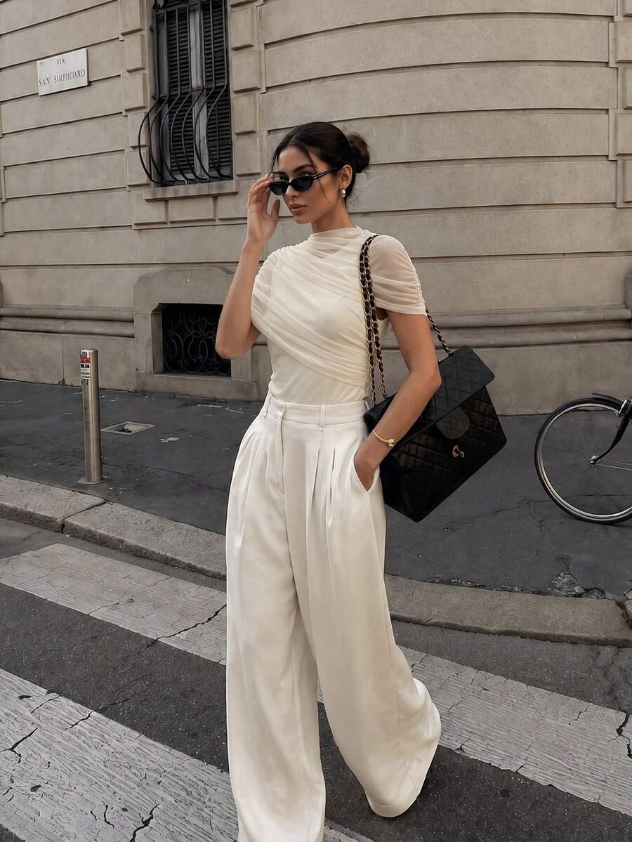 Anewsta Essential 女款優雅法式奶油白網紗修身抓皺上衣,適合度假、海灘、早午餐、茶會、日常穿著,夏季款 - 杏色 - 查看 1