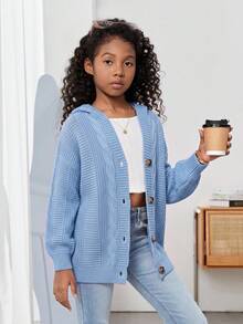 SHEIN 青少年女孩純色休閒百搭日常穿著長袖開襟衫 - 藍色 - 查看 6