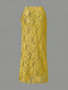 Opulessa 女士纯色夏季度假蕾丝系带罩衫及半身裙套装 - 鵝黃色 - 查看 2