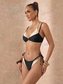 Lumalex 2pcs Solid Color Fabric Spaghetti Strap Backless 2 In 1 Design With Round Chest Accessory Fashion Sexy Beach Seaside Pool Water Sports Bikini Set - Black and White - View 15