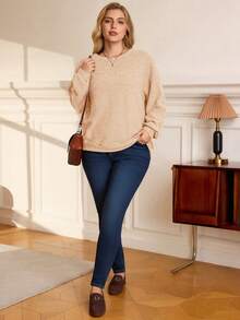 EMERY ROSE Plus Size Women Solid Color Round Neck Drop Shoulder Long Sleeve Casual Loose Sweatshirt - Apricot - View 7