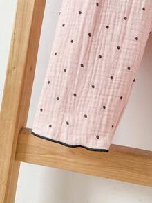 2pcs/Set Spring Autumn Winter Girls Toddler Home Wear Soft Comfortable Pink Double Layer Crepe Fashion Black Polka Dot Print With Cute Bunny Bow Embroidery Black Contrast Trim Ruffle Collar Long Sleeve Cardigan And Long Pants Set Early Autumn Thin Loungewear Pajamas - Baby Pink - View 8