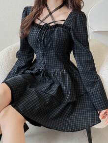 FRIFUL 女款休閒可愛哥德風格紋短洋裝，黑白格紋，適合約會、日常、夜晚外出、上學通勤、教師、小學、秋季萬聖節 - 藏蓝色 - 查看 8