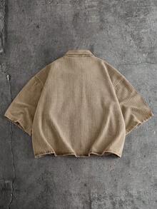 CalleClaro 男士刺繡多功能口袋單排扣短袖牛仔襯衫 - 卡其色 - 查看 4