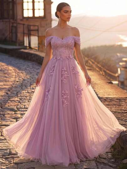 Glamrae Elegant Luxurious Purple Sequin Embroidered Contrast Mesh Off-Shoulder Hanging Sleeve Applique Design Puff Oversized Skirt Suitable For Evening Party, Bachelorette Party, Date, Ball, Vacation, Wedding, Event Evening Gown (Heavy Workmanship Style)