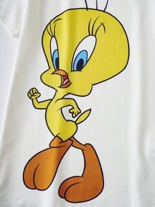 LOONEY TUNES X SHEIN 少女卡通印花圓領短袖休閒家居洋裝 - 白色 - 查看 4