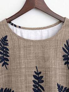 EMERY ROSE Plus Size Women's Faux Linen Printed High-Low Loose Asymmetrical Blouse, Round Neck 3/4 Sleeve Shirt, Suitable For Casual And Vacation Wear - Camel - View 4