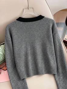 GlowEve CURVE Plus Size Women's Long Sleeve Gold Button Contrast Trim Knit Cardigan - Grey - View 2