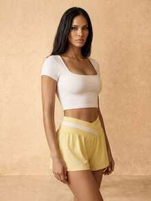 Silquee Workout Women Tops Casual Solid Color Cropped Sports T-Shirt, Summer Bustier Crop Sports Tee - White - View 6