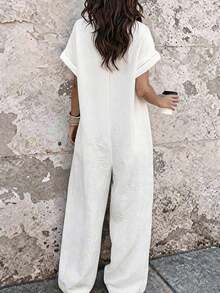 EMERY ROSE Women's Summer Vacation Embroidered Print Shirt Collar Short Sleeve Jumpsuit - White - View 2