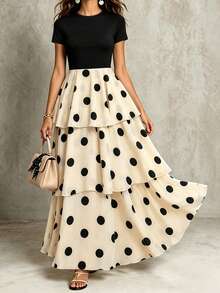 SHEIN LUNE Women's Polka Dot Round-Neck Short-Sleeve Black Cinched Waist Dress Dinner Party Summer Vintage Elegant - Multicolor - View 1