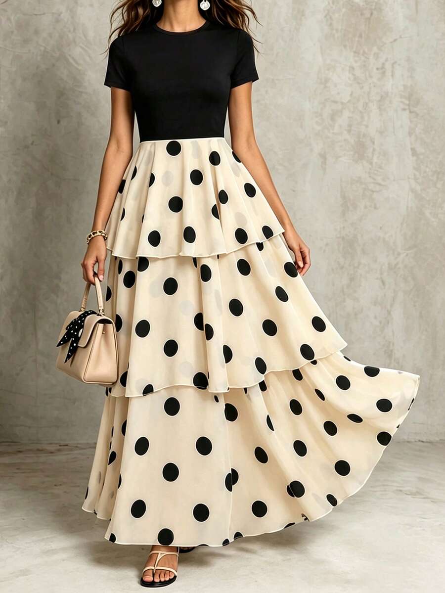 SHEIN LUNE Women's Polka Dot Round-Neck Short-Sleeve Black Cinched Waist Dress Dinner Party Summer Vintage Elegant - Multicolor - View 1