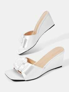 CUCCOO HITCHD White Satin Three-Dimensional Flower Square Toe Slope Heel Sandals Women's Summer Wear With Temperament Open-Toed Slippers - White - View 6